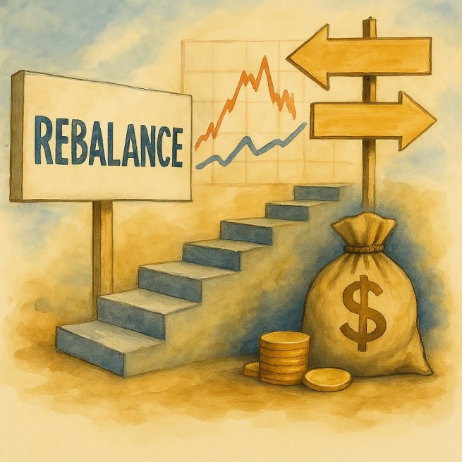 Illustration showing a ‘rebalance’ sign, directional arrows, steps, and a money bag, symbolizing adjusting an investment strategy to fit changing financial priorities.