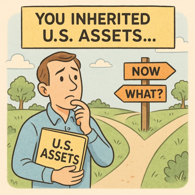 Man holding a folder labeled “U.S. Assets” looks uncertain at a fork in the road, with signs reading “Now” and “What?” under a heading that says “You inherited U.S. assets."