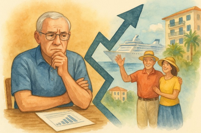 An older man sits at a table studying a financial chart with a worried expression, resting his hand on his chin. A large zigzag arrow divides the scene, showing on the other side a smiling retired couple on vacation near a cruise ship and seaside buildings.