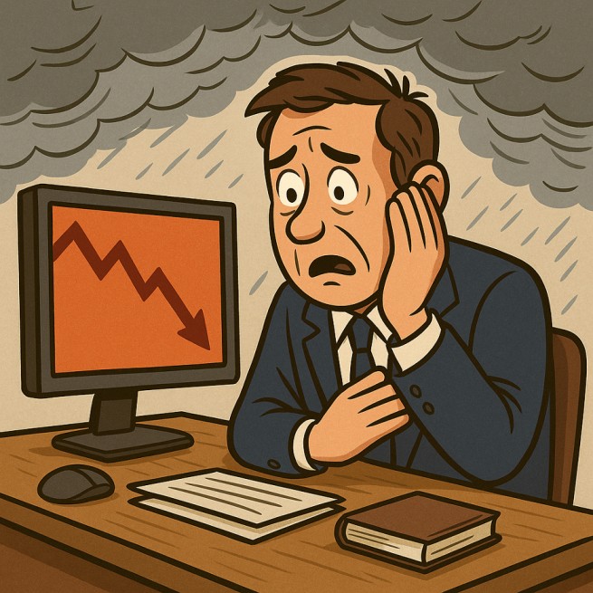 Illustration of a worried man sitting at a desk looking at a computer screen showing a sharp market decline, with storm clouds overhead symbolizing financial stress and uncertainty.