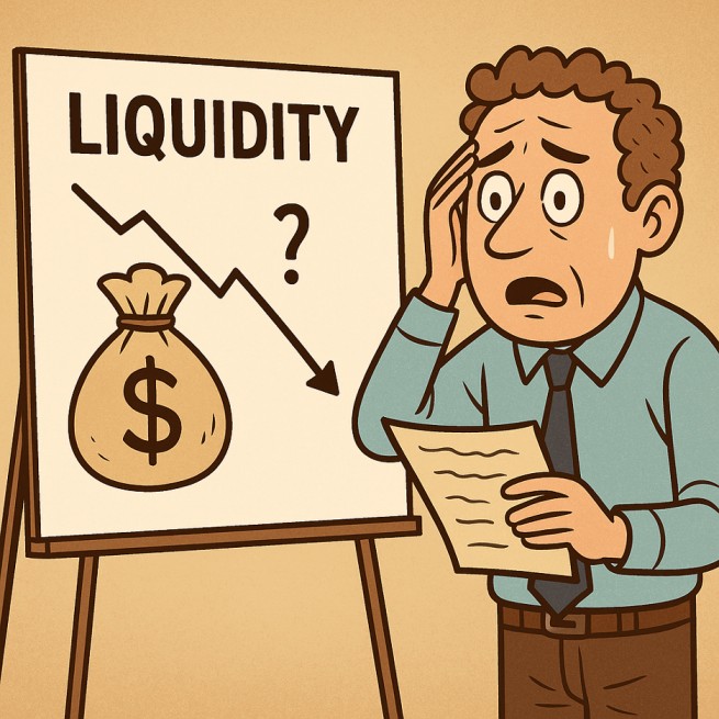 Cartoon illustration of a worried investor holding financial papers next to a board labeled liquidity with a falling chart and money bag, symbolizing difficulty accessing cash from investments.