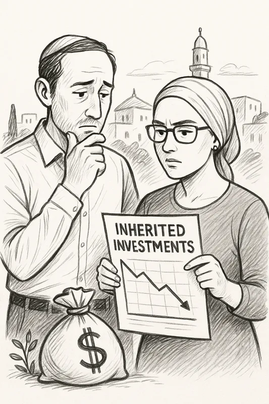 A man and a woman stand together holding a document labeled "Inherited Investments," featuring a downward-trending graph. A bag with a dollar sign is placed nearby, and a townscape is visible in the background.
