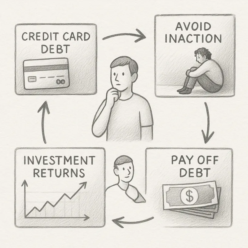 A flowchart shows a person surrounded by four labeled boxes. The boxes read: "Credit Card Debt" with a credit card image, "Avoid Inaction" with a sitting figure, "Pay Off Debt" with cash, and "Investment Returns" with a graph. Arrows connect the boxes in order.