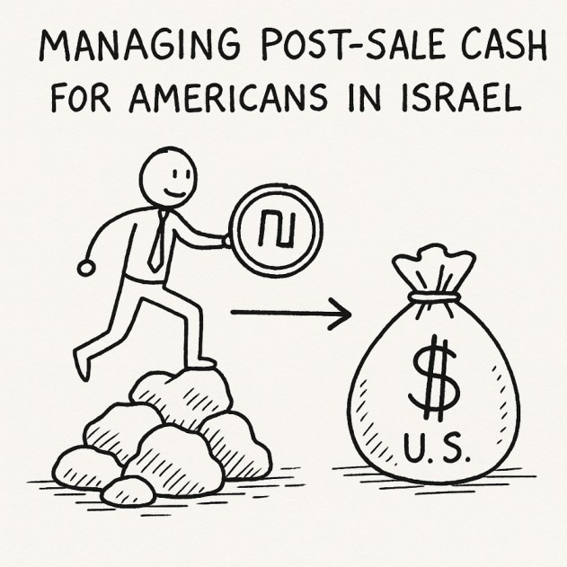 Managing post-sale cash for Americans in Israel: a simple illustration of a person stepping off a pile of rocks while holding an Israeli shekel coin, moving toward a bag labeled “U.S.” with a dollar sign, representing shifting funds after a sale.