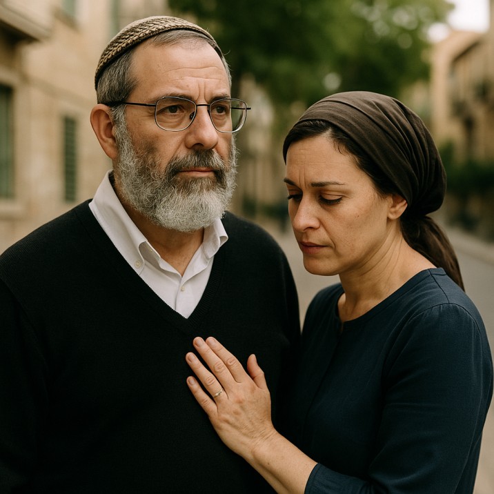 Orthodox Jewish couple standing on a Jerusalem street lined with stone buildings. The man, wearing glasses and a knitted kippah, looks ahead with a serious expression while the woman in a dark headscarf rests her hand on his chest and looks down, both appearing concerned.