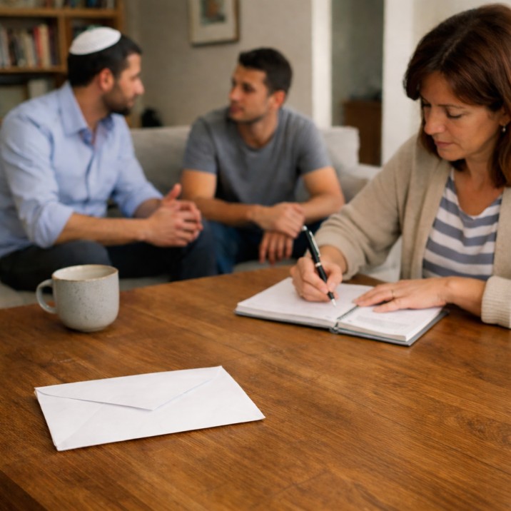 A woman writes in a notebook at a wooden table while two men sit on a couch behind her talking. A sealed white envelope and a ceramic mug rest on the table, suggesting a family discussion about finances in a home living room.