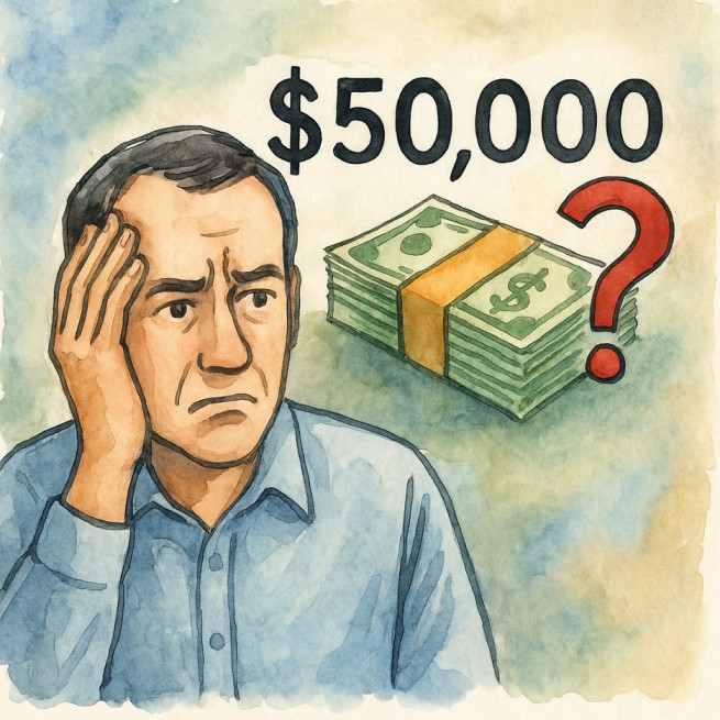 Concerned man looking at $50,000 cash stack with question mark, representing uncertainty after a CD or investment matures