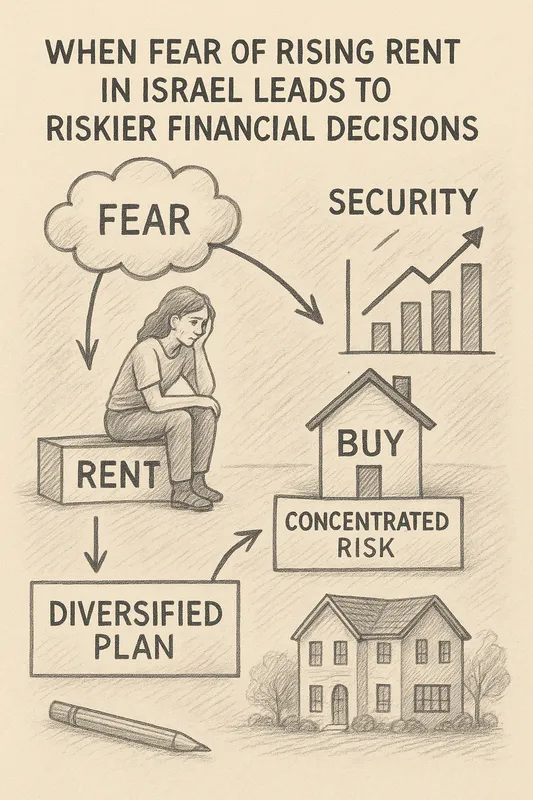When fear of rising rent in Israel triggers riskier financial decisions. Arrows connect concepts: fear, rent, security, buy (concentrated risk), and diversified plan, with illustrations of a woman, charts, a house, and a pen symbolizing these ideas.