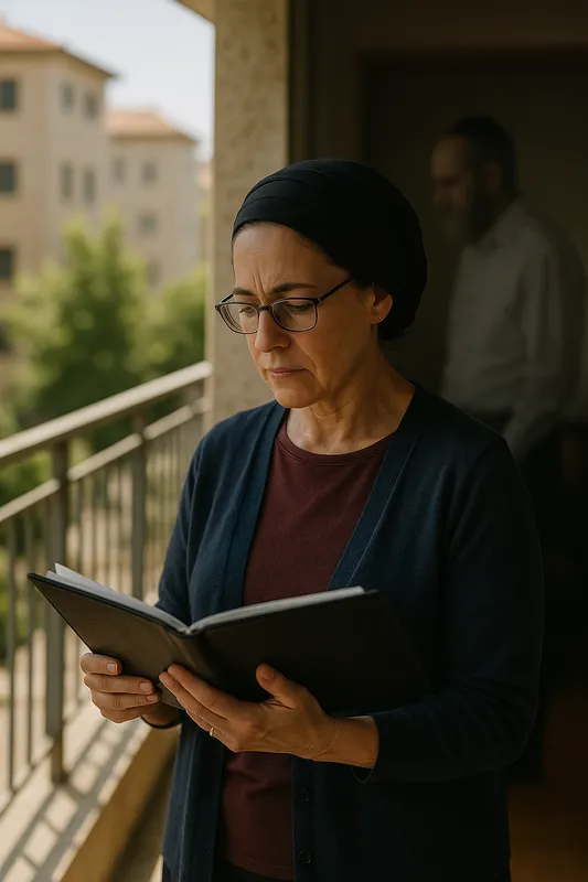 A person wearing glasses and a black head covering stands on a balcony holding an open book. The background includes trees, a residential building, and a shadowed doorway where another figure is partially visible.
