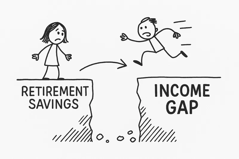 A black-and-white doodle illustrating a person jumping across a gap labeled "Retirement Savings" on one side and "Income Gap" on the other. Another person stands on the "Retirement Savings" side, looking distressed