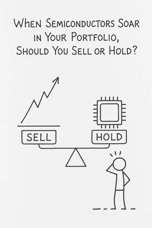 A stick figure stands beside a seesaw with "SELL" and a rising graph on one side, and "HOLD" with a semiconductor chip on the other. The text above reads: "When Semiconductors Soar in Your Portfolio, Should You Sell or Hold?"