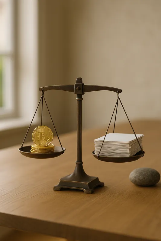 A balance scale on a wooden table holds gold coins on one side and a stack of white paper on the other. A small round stone is placed on the table nearby. A window with soft natural light is visible in the background.