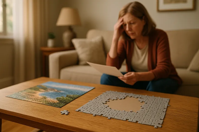 A person sits on a sofa, holding a piece of paper and resting their head in thought. On a wooden table are two puzzles: one complete with a scenic image and another partially assembled with pieces scattered nearby. A lamp and framed artwork are in the background.