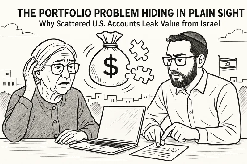 Two individuals sit at a table with a laptop and documents. A money bag, puzzle pieces, and U.S. and Israeli flags are illustrated beside them. The text above reads, “The Portfolio Problem Hiding in Plain Sight: Why Scattered U.S. Accounts Leak Value from Israel.”