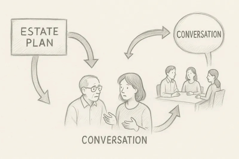 Hand-drawn diagram showing an estate plan connected by arrows to family conversations about planning and inheritance.