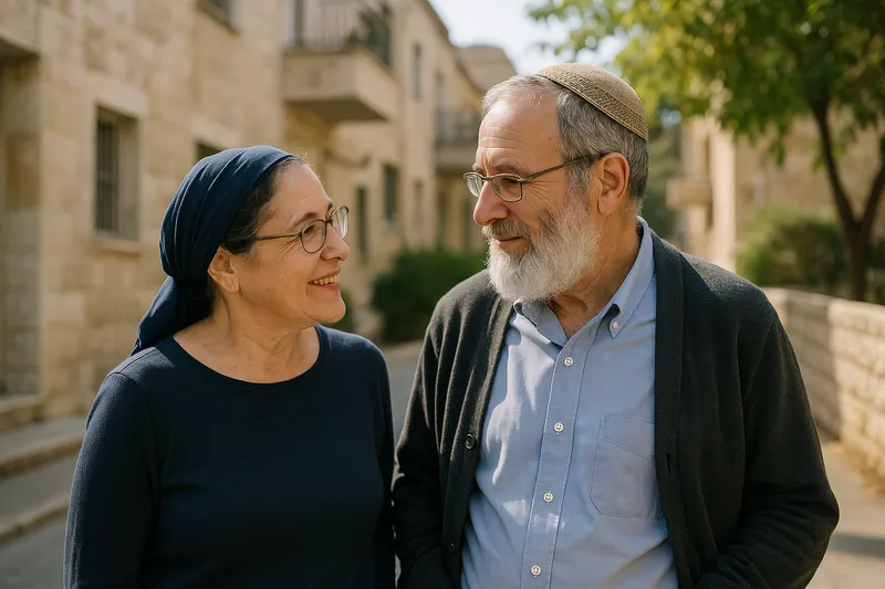 An older man and woman smile at each other on a sunlit stone street. The woman wears glasses, a navy top, and a blue headscarf; the man has a gray beard, glasses, a light blue shirt, a dark cardigan, and a small cap. Stone buildings and a tree are in the background.