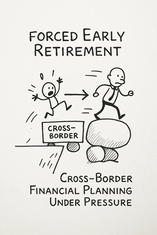 A cartoon depicting a person in a suit walking across a rock labeled “Cross-Border,” followed by another figure expressing shock. Text above reads “Forced Early Retirement,” with “Cross-Border Financial Planning Under Pressure” below.