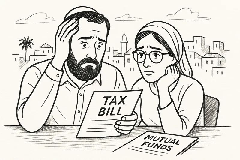 A man and woman sit at a table, looking concerned while reviewing a document labeled “Tax Bill.” Another paper labeled “Mutual Funds” lies on the table. The background shows a simple cityscape with buildings and a palm tree.