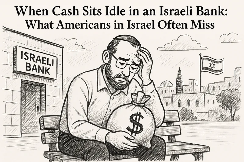 A man sits on a bench outside a building labeled “Israeli Bank,” holding a money bag with a dollar sign. He appears frustrated, resting his head on one hand. The background includes an Israeli flag and buildings. Text reads, “When cash sits idle in an Israeli bank: What Americans in Israel often miss.”