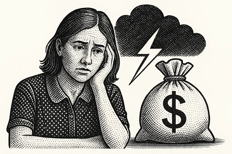 A worried woman rests her head on one hand beside a large money bag marked with a dollar sign. A dark cloud with a lightning bolt hovers behind.