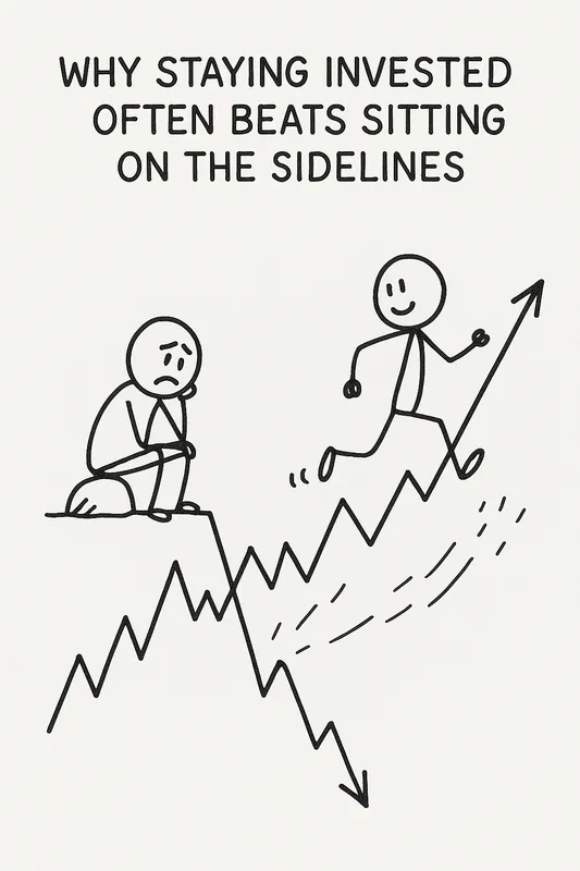 Cartoon with the caption “WHY STAYING INVESTED OFTEN BEATS SITTING ON THE SIDELINES.” A worried stick figure sits on a ledge while another runs up a rising line above a jagged, volatile market line showing a drop and rebound.