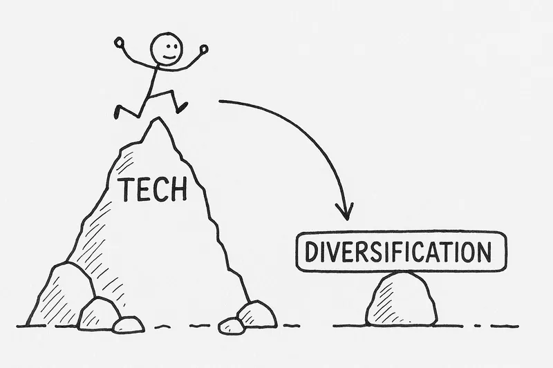 Stick figure leaps from a tall peak labeled TECH toward a smaller rock labeled DIVERSIFICATION, with an arrow showing the jump and small rocks at the base.