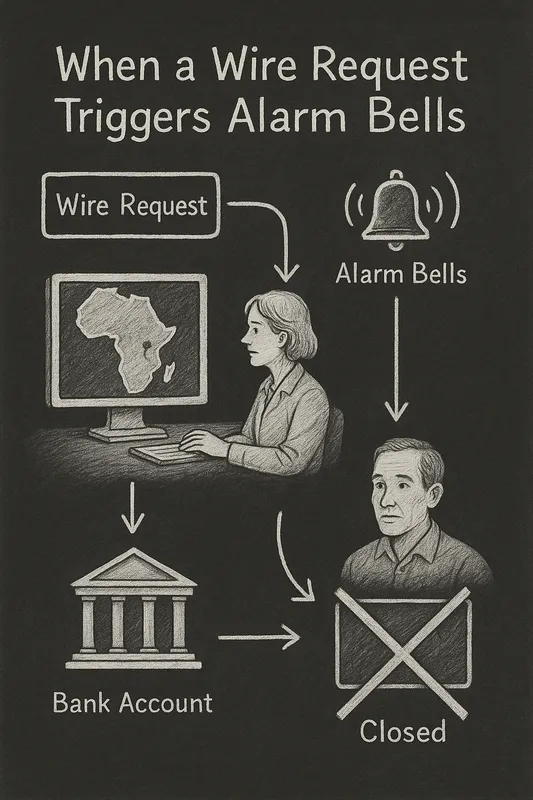 Flowchart titled “When a Wire Request Triggers Alarm Bells”: a “Wire Request” box with a map of Africa leads to a person at a computer and “Alarm Bells,” then to a “Bank Account” icon, ending with another person beside an envelope labeled “Closed.”