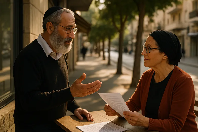 Two people seated at an outdoor table, engaged in conversation. One holds papers, and the other gestures with an open hand. They are in a sunlit urban setting with trees and buildings lining the street.