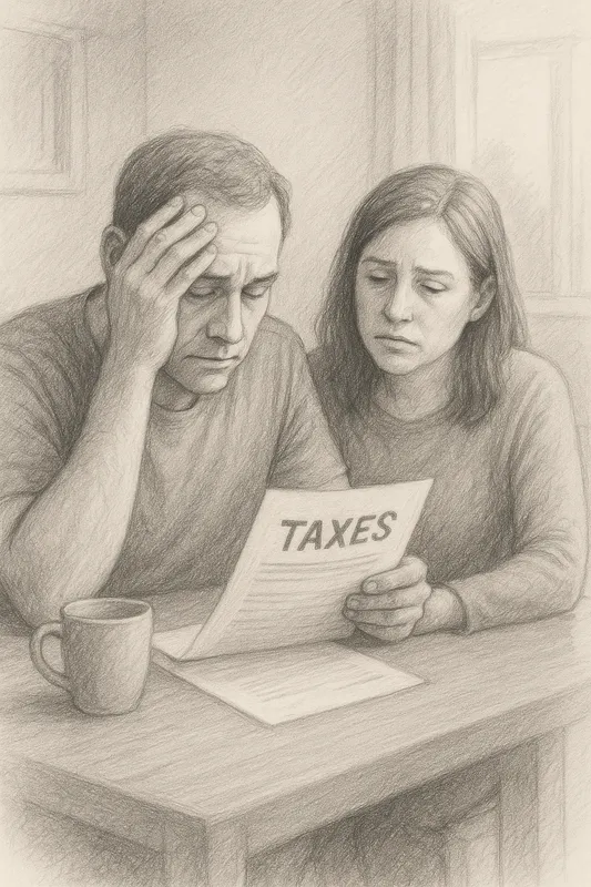 Two adults at a table examine a paper labeled “TAXES,” looking concerned. The man holds his head while reading as the woman peers over his shoulder; a coffee mug rests on the table.