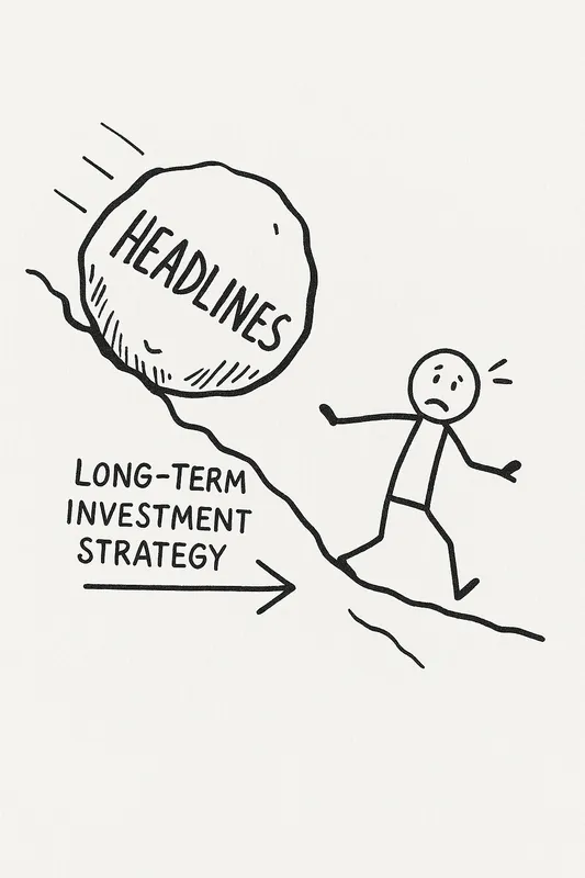Stick figure with a worried expression on a slope labeled “LONG-TERM INVESTMENT STRATEGY” as a boulder labeled “HEADLINES” rolls toward them. Motion lines and an arrow indicate downhill movement.