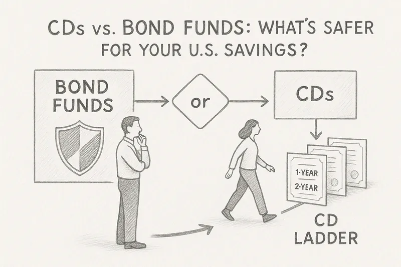 Flowchart titled “CDs vs. Bond Funds: What’s safer for your U.S. savings?” shows a man considering “Bond Funds” (shield icon) or “CDs”; a woman moves toward a “CD ladder” with 1‑year and 2‑year certificates.