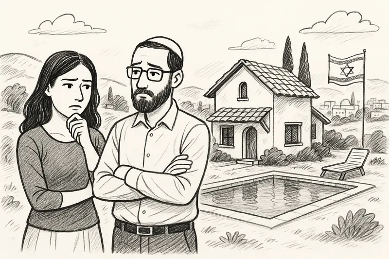 Man with glasses and a kippah and a woman stand together looking worried; his arms are crossed, her hand at her chin. Behind them, a house with a tiled roof faces a pool, with cypress trees, hills, and an Israeli flag on a pole.